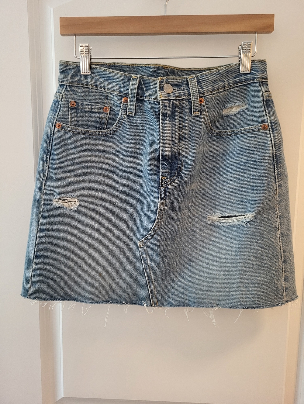 Levi's 100% Cotton Denim Distressed A-Line Mini Skirt - Light Blue